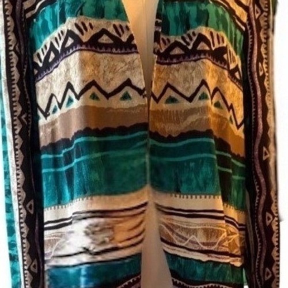 Peri Petites Southwestern Aztec Boho Duster Cardigan Teal‎ Open Front Petite 14